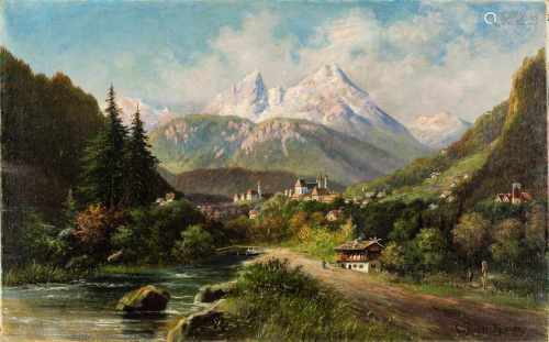Riegler, C.19. Jh. Öl/Lw. Blick auf die Klosteranlage in Berchtesgaden mit dem Watzmann im