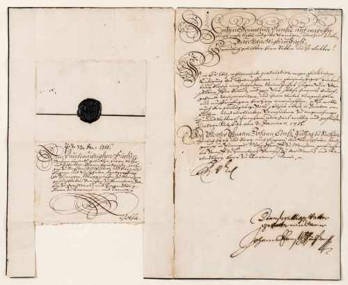 SachsenZwei handgeschriebene Dokumente vom 3. und 23. Januar 1716 (11- u. 23-zeilig, ersteres mit
