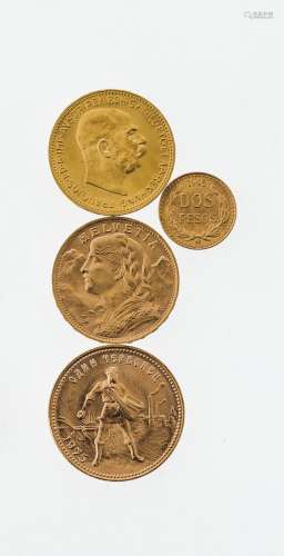 Vier Goldmünzen1 Cervonec 1975. 20 Kronen 1915. 20 Franken Vreneli 1947. 2 Pesos 1945. Jew. GG, 900.