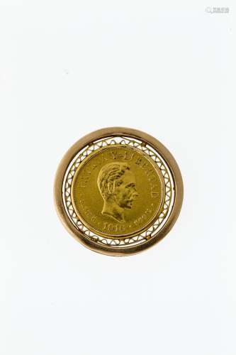 Gefasste GoldmünzeCuba, 1916, 10 Pesos, José Marti, GG, 900. Filigran gerahmt und gefasst in 750er