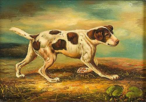 Englischer Jagdmaler19. Jh. Öl/Holz. Bildnis eines Jagdhundes in sommerlicher Landschaft. 17 x 18
