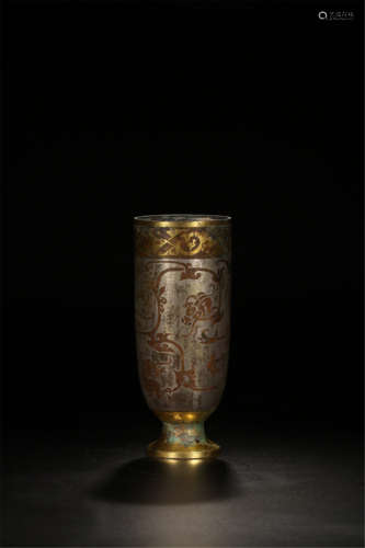 CHINESE GOLD SILVER INLAID BRONZE CUP