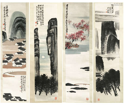 FOUR PANELS OF CHINESE SCROLL PAINTING OF MOUNTAIN VIEWS