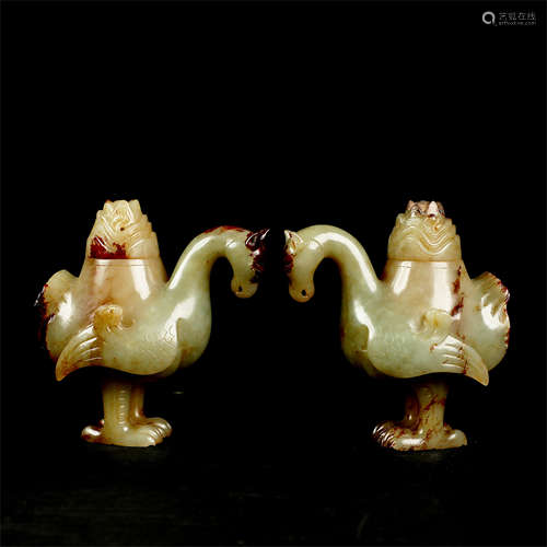 PAIR OF CHINESE ANCIENT JADE BIRD LAMPS