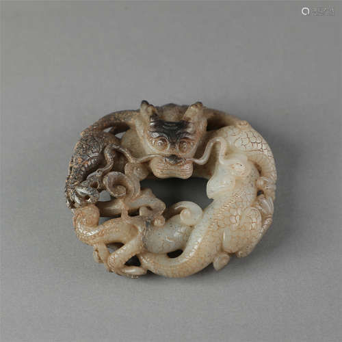 CHINESE GREY JADE DRAGON ROUND PLAQUE