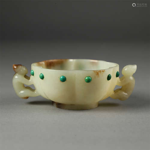 CHINESE CELADON JADE BOY HANDLE CUP