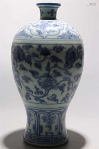 CHINESE PORCELAIN BLUE AND WHITE FLOWER MEIPING VASE