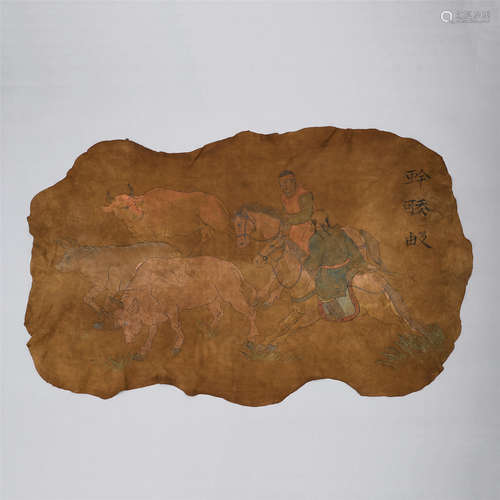 CHINESE PAINTING ON OX SKIN LIAO DYNASTY