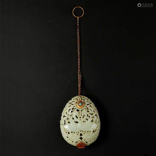 CHINESE GEM STONE INLAID JADE INCENSE CAGE WITH PURE GOLD CHAIN