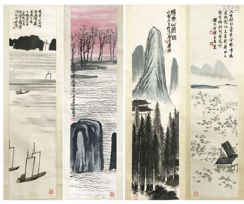 FOUR PANELS OF CHINESE SCROLL PAINTING OF MOUNTAIN VIEWS