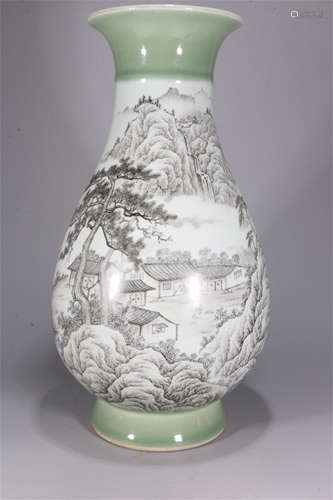 CHINESE PORCELAIN TURQUOISE GLAZE INK PAINTED MOUNTIAN VIEWS JAR