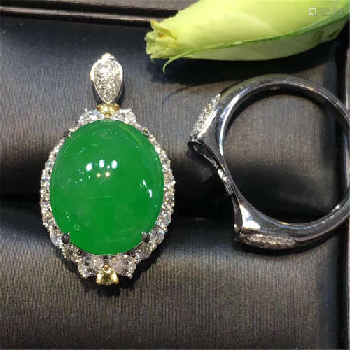 18K WHITE GOLD DIAMOND NATURAL JADEITE PENDANT OR RING