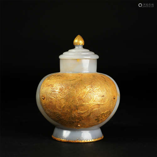 CHINESE GILT SILVER DECOR AGATE KETTLE