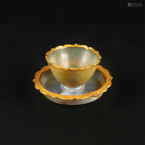 CHINESE GILT SILVER DECOR AGATE TEA CUP STAND LIAO DYNASTY