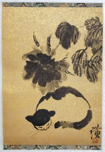 CHINESE SCROLL PAINTING OF CAT AND FLOWER ON GOLD PAPER