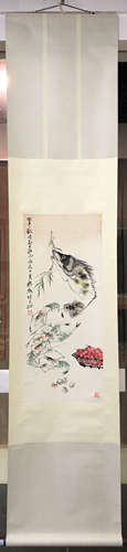 CHINESE SCROLL PAINTING OF FISH AND SHRIMP WITH SAME NAME OF RECIPIENT