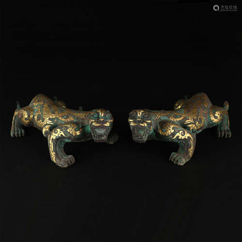 PAIR OF CHINESE GOLD INLAID BRONZE BEAST