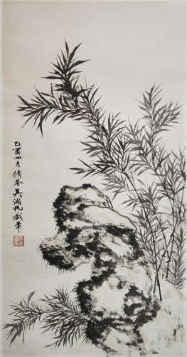 CHINESE SCROLL PAINTING OF BAMBOO AND ROCK