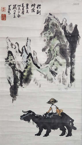 CHINESE SCROLL PAINTING OF BOY ON OX