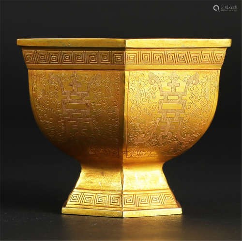 CHINESE GILT BRONZE HEXAGONAL STEM CUP