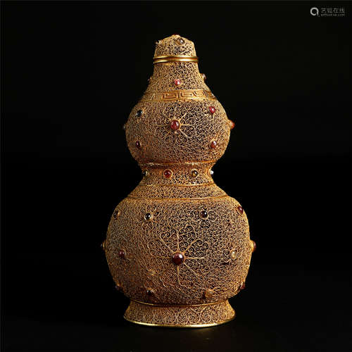 CHINESE GEM STONE INLAID GILT SILVER THREAD WEAVEN DOUBL GOURD VASE