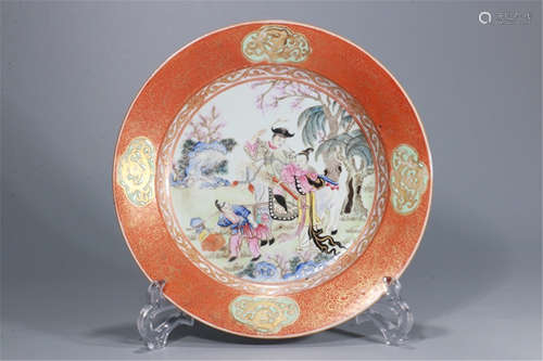 CHINESE PORCELAIN RED GROUND FAMILLE ROSE FIGURES PLATE