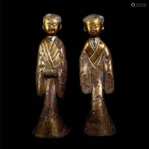 TWO CHINESE GOLD INLAID BRONZE STANDING FIGURES