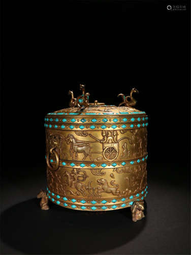 CHINESE TURQUOISE INLAID GILT BRONZE PHOENIX CYLINDERIAL CENSER