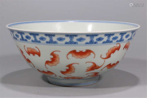 CHINESE PORCELAIN BLUE AND WHITE IRON RED BAT BOWL