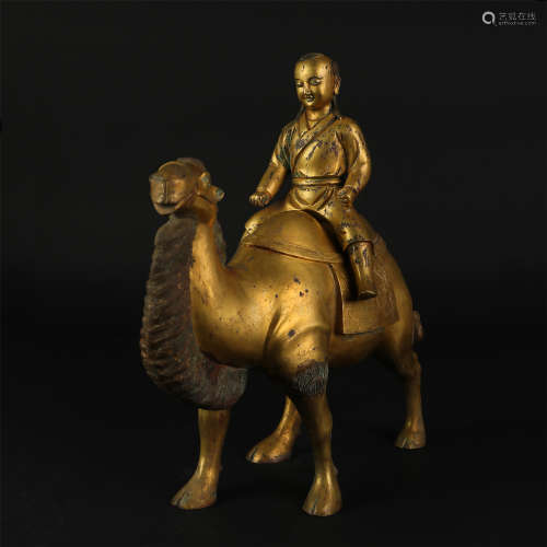 CHINESE GILT BRONZE BOY ON CAMEL