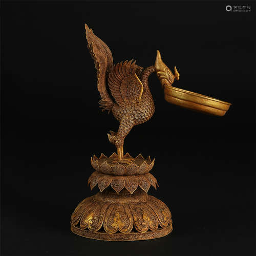 CHIENSE PURE GOLD BIRD OIL LAMP LIAO DYNASTY