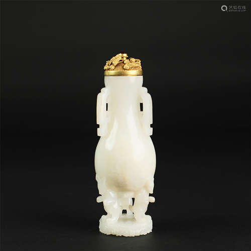 CHINESE WHITE JADE VASE WITH PURE GOLD LIDDER