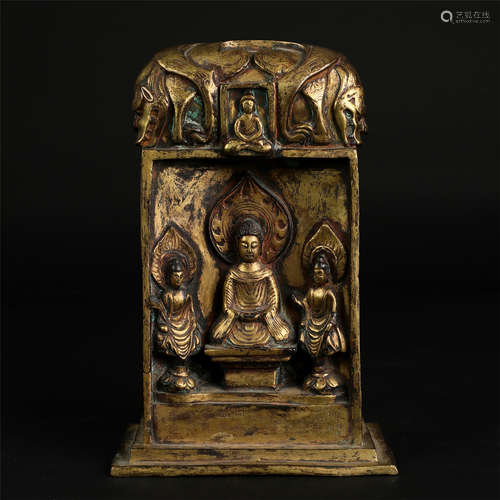 CHINESE GILT BRONZE SEATED BUDDHA IN NICHE