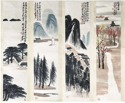 FOUR PANELS OF CHINESE SCROLL PAINTING OF MOUNTAIN VIEWS