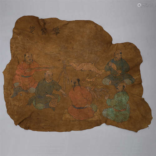 CHINESE PAINTING ON OX SKIN LIAO DYNASTY