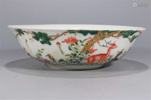 CHINESE PORCELAIN FAMILLE ROSE DEER CRANE BOWL