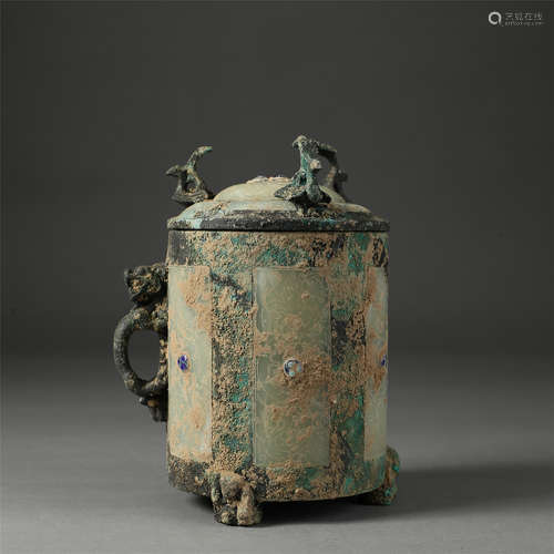 CHINESE BRONZE JADE LIDDED CENSER