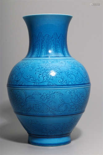 CHINESE PORCELAIN BLUE GLAZE ENGRAVED FLOWER JAR