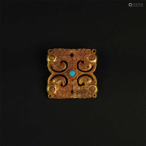 CHINESE TURQUOISE INLAID PURE GOLD PLAQUE