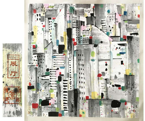 CHINESE ABSTRACT WATERCOLOR OF CITY VIEWS ON PAPER