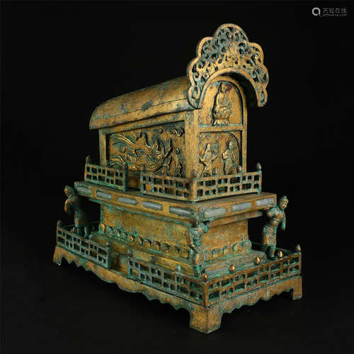 CHINESE GILT BRONZE SEATED BUDDHA IN TWO LAYER NICHE