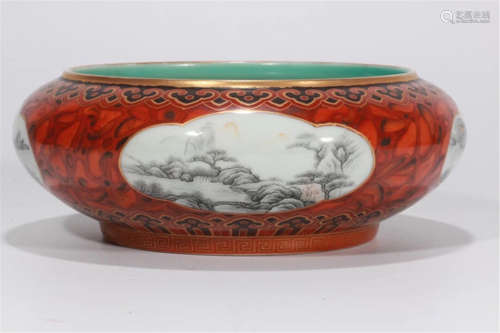 CHINESE PORCELAIN RED GLAZE INK PAINTED MOUNTAIN VIEWS BRUSH WASHER