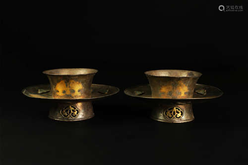 PAIR OF CHINESE GILT SILVER TEA CUP STANDS