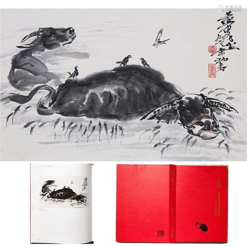 CHINESE SCROLL PAINTING OF OX IN RIVER WITH PUBLICATION