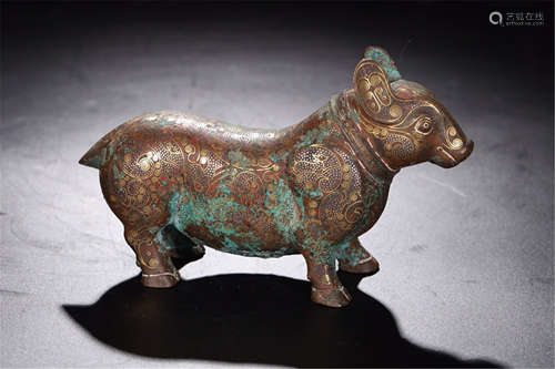 CHINESE GOLD SILVER INLAID BRONZE BEAST