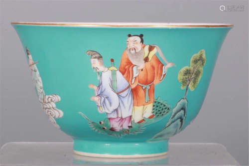 CHINESE PORCELAIN TURQUOISE GLAZE FAMILLE ROSE EIGHT IMMORTALS BOWL