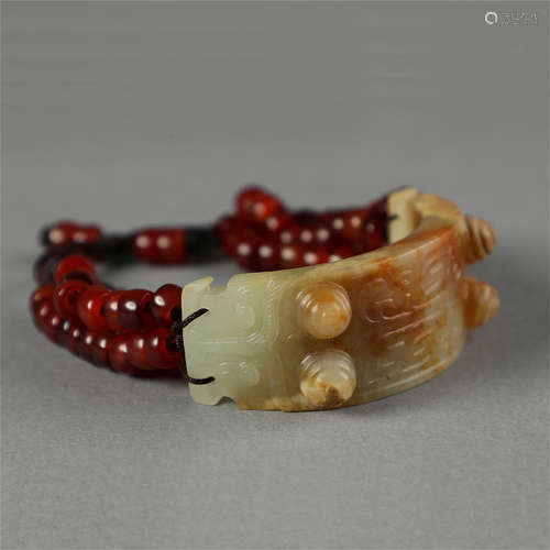 CHINESE CELADON JADE RED AGATE BRACELET