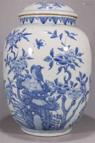 CHINESE PORCELAIN BLUE AND WHITE BIRD AND FLOWER LIDDED JAR