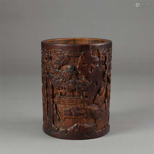 CHINESE BAMBOO CARVED MOUNTAIN VIEWS BRUSH POT