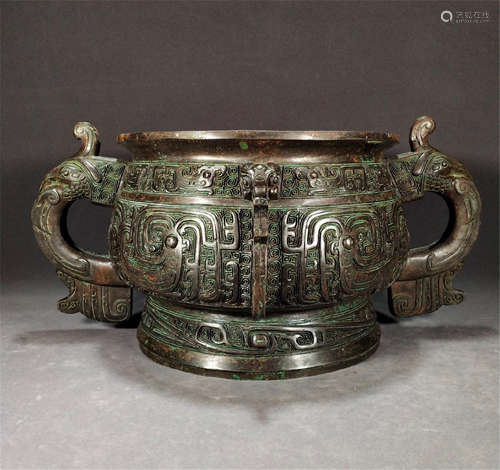 CHINESE ANCIENT BRONZE HANDLED ROUND CENSER